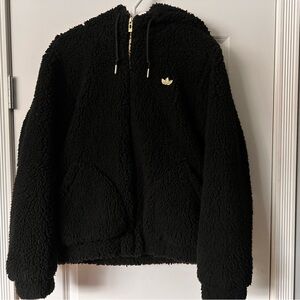 Adidas Black Sherpa Hoodie with Gold Logo - SMALL Ladies